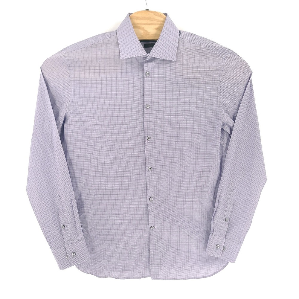 John Varvatos Shirt Mens 16 34 35 Purple Checkered Slim Fit Long Sleeve Button